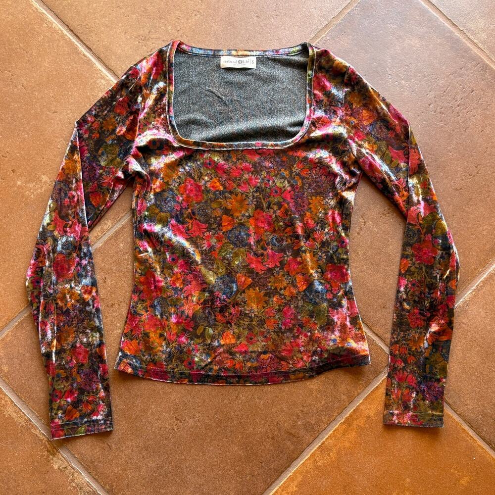 Natural Life Floral Stretch Velvet Colorful Square Neck Top "Danielle" size S - Picture 10 of 10